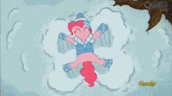 Size: 323x180 | Tagged: safe, screencap, pinkie pie, earth pony, pony, g4, season 5, tanks for the memories, animated, cinemaquestria, discovery family, discovery family logo, female, gif, mare, snow, snow angel, solo