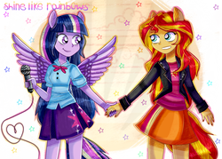 Size: 1512x1080 | Tagged: safe, artist:lelka-philka, sunset shimmer, twilight sparkle, equestria girls, g4, my little pony equestria girls: rainbow rocks, female, holding hands, lesbian, microphone, ponied up, ship:sunsetsparkle, shipping