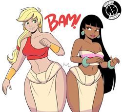 Size: 1386x1270 | Tagged: source needed, safe, artist:gtapia91, artist:megasweet, applejack, human, g4, applebucking thighs, bandeau, belly button, bracelet, butt bump, butt to butt, butt touch, chel, cleavage, crossover, curvy, earring, female, hips, humanized, midriff, piercing, sexy, simple background, the road to el dorado, thighs, white background, wide hips