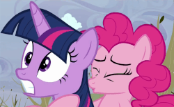 Size: 967x599 | Tagged: safe, screencap, pinkie pie, twilight sparkle, alicorn, pony, g4, tanks for the memories, animated, blinking, eyes closed, female, gritted teeth, out of context, twilight sparkle (alicorn), wide eyes
