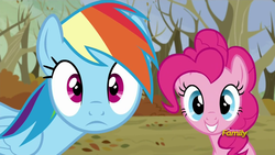 Size: 1920x1080 | Tagged: safe, screencap, pinkie pie, rainbow dash, g4, tanks for the memories, discovery family logo, looking at you