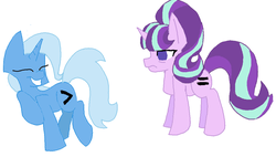 Size: 1055x600 | Tagged: safe, artist:comicpanel-pony, starlight glimmer, trixie, pony, unicorn, g4, the cutie map, altered cutie mark, equal cutie mark, equalized, eyes closed, female, frown, inequality sign, mare, no pupils, smiling