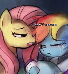 Size: 788x855 | Tagged: safe, artist:lumineko, edit, fluttershy, rainbow dash, g4, tanks for the memories, brutal honesty, crying, implied futa, implied lesbian, maury, maury povich, not the father, you are not the father