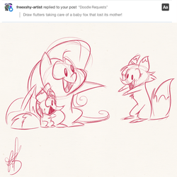 Size: 2000x2000 | Tagged: safe, artist:fluttershythekind, fluttershy, fox, g4, cute, doodle, happy, high res, monochrome