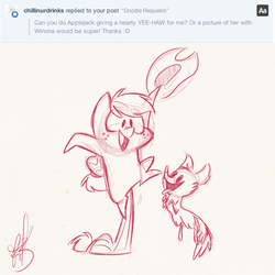 Size: 2000x2000 | Tagged: safe, artist:fluttershythekind, applejack, winona, g4, high res, monochrome, sketch