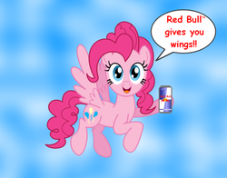 Size: 1024x804 | Tagged: safe, artist:aleximusprime, pinkie pie, pegasus, pony, g4, energy drink, female, pegasus pinkie pie, race swap, red bull, red bull gives you wings, solo, wings