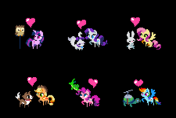 Size: 675x450 | Tagged: safe, artist:pix3m, derpibooru exclusive, angel bunny, applejack, fluttershy, gummy, opalescence, owlowiscious, pinkie pie, rainbow dash, rarity, tank, twilight sparkle, winona, g4, heart, mane six, pet six, pixel art, sprite