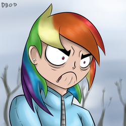 Size: 940x940 | Tagged: safe, artist:dinobirdofdoom, rainbow dash, human, g4, tanks for the memories, do i look angry, female, humanized, scene interpretation, solo