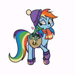 Size: 1280x1280 | Tagged: safe, artist:turtlefarminguy, rainbow dash, tank, g4, tanks for the memories, blush sticker, blushing, clothes, cute, dashabetes, duo, hat, heart, scarf, simple background, white background, winter outfit