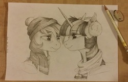 Size: 2544x1652 | Tagged: safe, artist:themoonraven, rainbow dash, twilight sparkle, g4, clothes, crying, earmuffs, female, hat, lesbian, scarf, ship:twidash, shipping, traditional art, winter
