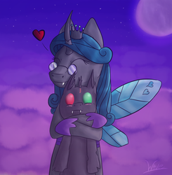 Size: 724x740 | Tagged: safe, artist:wave-realm, queen chrysalis, oc, changeling, g4, comics, cute, eyes closed, heart, heterochromia, hug, mirror universe, night background, reversalis