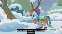 Size: 2560x1430 | Tagged: safe, screencap, rainbow dash, tank, g4, tanks for the memories, meme, outdoors, snow, winter, winter outfit, youtube caption