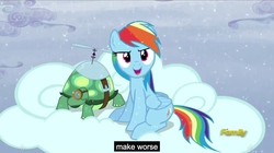 Size: 2560x1433 | Tagged: safe, screencap, rainbow dash, tank, g4, tanks for the memories, cloud, cloudy, meme, youtube caption