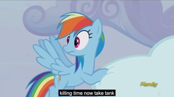 Size: 2560x1432 | Tagged: safe, screencap, rainbow dash, g4, tanks for the memories, cloud, cloudy, female, meme, solo, youtube caption