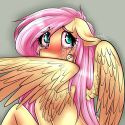 Size: 1280x1280 | Tagged: safe, artist:fatcakes, fluttershy, pegasus, pony, g4, bloodshot eyes, crying, female, solo, spread wings, wings