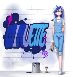 Size: 820x868 | Tagged: dead source, safe, artist:apzzang, minuette, human, g4, female, horn, horned humanization, humanized, overalls, paintbrush, solo
