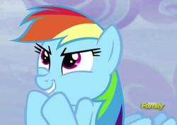 Size: 1404x993 | Tagged: safe, screencap, rainbow dash, g4, tanks for the memories, cute, discovery family logo, evil smile, female, glare, grin, happy, lip bite, pure unfiltered evil, smiling, smirk, solo