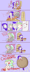 Size: 2567x6000 | Tagged: safe, artist:poptart36, princess celestia, rainbow dash, rarity, pony, g4, banana magic, coconut, comic, context is for the weak, defenestratia, defenestration, dialogue, duo, majestic as fuck, tasty fruit, transformation, wat