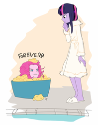 Size: 650x825 | Tagged: safe, artist:magneticskye, pinkie pie, twilight sparkle, equestria girls, g4, green isn't your color, bathrobe, clothes, equestria girls interpretation, forever, scene interpretation, slippers, spa robe