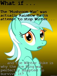 Size: 625x833 | Tagged: safe, lyra heartstrings, rainbow dash, g4, my little pony: friendship is magic, tanks for the memories, adventure time, conspiracy lyra, exploitable meme, ice king, image macro, male, meme, mushroom cloud, mushroom war, winter, winter nuke