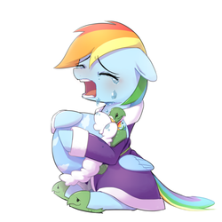 Size: 1200x1200 | Tagged: safe, artist:30clock, rainbow dash, tank, pegasus, pony, g4, tanks for the memories, bathrobe, clothes, crying, dashie slippers, duo, eyes closed, female, hug, mare, open mouth, simple background, tank slippers, white background