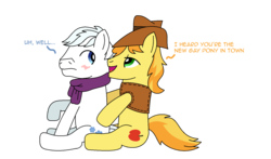 Size: 1480x869 | Tagged: safe, artist:leafiatree, braeburn, double diamond, earth pony, pony, g4, braediamond, clothes, duo, duo male, gay, male, scarf, shipping, simple background, stallion, transparent background
