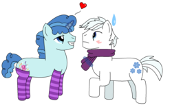 Size: 1669x1090 | Tagged: safe, double diamond, party favor, earth pony, pony, unicorn, g4, blushing, clothes, gay, heart, male, scarf, ship:partydiamond, shipping, socks, stallion, striped socks