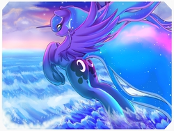 Size: 8000x6000 | Tagged: safe, artist:tsunamicult, princess luna, alicorn, pony, g4, absurd resolution, blue eyes, blue mane, blue tail, both cutie marks, butt, crepuscular rays, digital art, ethereal tail, feather, female, flowing mane, flowing tail, flying, glowing, horn, looking back, mare, moonbutt, ocean, plot, solo, spread wings, stars, tail, water, wave, wings