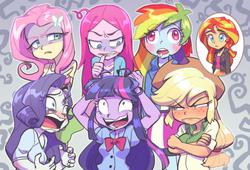 Size: 736x500 | Tagged: safe, artist:jirousan, applejack, fluttershy, pinkie pie, rainbow dash, rarity, sunset shimmer, twilight sparkle, equestria girls, g4, angry, applejack is not amused, applejack's hat, arms in the air, blushing, bow, bowtie, clothes, cowboy hat, crying, cutie mark failure insanity syndrome, derp, everypony in this town is crazy, female, flutterbitch, freckles, hands in the air, hat, humane five, humane six, insanity, marshmelodrama, nervous, open mouth, pinkamena diane pie, rainbow derp, rarisnap, sane, twilight snapple, twilight sparkle (alicorn), unamused