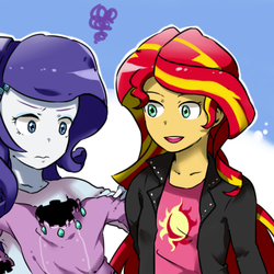 Size: 700x700 | Tagged: safe, artist:dlsnzkti1212, rarity, sunset shimmer, equestria girls, g4, clothes, duo, female, jacket, leather jacket, open mouth, shirt