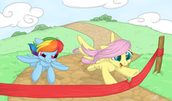 Size: 1653x975 | Tagged: safe, artist:bananasplitzel, artist:da-waffle, fluttershy, rainbow dash, g4, drawing, finish line, race