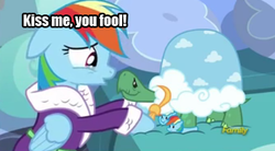 Size: 450x249 | Tagged: safe, edit, edited screencap, screencap, rainbow dash, tank, g4, tanks for the memories, bathrobe, bed, caption, clothes, crying, dashie slippers, discovery family logo, floppy ears, image macro, kiss me you fool, kissy face, meme, robe, sad, shipping, slippers, smiling, tankdash