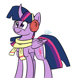 Size: 584x632 | Tagged: safe, artist:chibadeer, twilight sparkle, alicorn, pony, g4, tanks for the memories, clothes, curved horn, earmuffs, female, horn, mare, scarf, simple background, smiling, solo, twilight sparkle (alicorn)