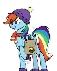 Size: 587x736 | Tagged: safe, artist:chibadeer, rainbow dash, g4, tanks for the memories, clothes, female, hat, raised hoof, saddle bag, scarf, simple background, solo