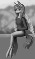 Size: 3000x5000 | Tagged: safe, artist:f13proxima, princess luna, anthro, g4, female, monochrome, solo