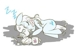 Size: 1023x648 | Tagged: safe, artist:jyanome, trixie, pony, unicorn, g4, anatomically incorrect, drool, female, incorrect leg anatomy, mare, mug, sleeping, snoring, solo, zzz