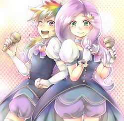 Size: 600x584 | Tagged: safe, artist:rukuru777, fluttershy, rainbow dash, human, g4, humanized, pixiv