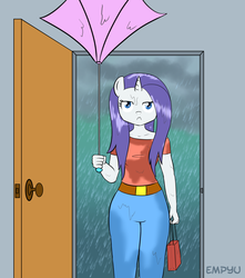 Size: 885x1000 | Tagged: safe, artist:empyu, rarity, anthro, 30 minute art challenge, clothes, female, rain, solo, umbrella, wet, wet clothes, wet mane, wet mane rarity, wet shirt