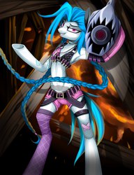 Size: 1570x2048 | Tagged: safe, artist:santagiera, semi-anthro, arm hooves, armpits, bipedal, bullet, clothes, grin, gun, jinx (league of legends), league of legends, looking at you, ponified, sexy, sinfully sexy, smiling, smirk, solo, underhoof