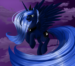 Size: 1800x1600 | Tagged: safe, artist:santagiera, princess luna, alicorn, pony, g4, cloud, female, flying, jewelry, mare, night, open mouth, regalia, sky, smiling, solo, spread wings, wings