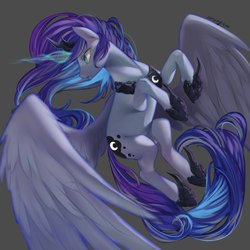 Size: 2048x2048 | Tagged: safe, artist:santagiera, princess luna, alicorn, pony, g4, alternate color palette, female, flying, glowing horn, high res, horn, jewelry, looking back, mare, regalia, signature, simple background, solo, spread wings, wings