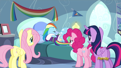 Size: 1920x1080 | Tagged: safe, edit, edited screencap, screencap, fluttershy, pinkie pie, rainbow dash, tank, twilight sparkle, alicorn, earth pony, pegasus, pony, g4, my little pony: friendship is magic, tanks for the memories, bed, butt, diaper, diaper edit, diaper fetish, mare, non-baby in diaper, plot, rainbow dash's bedroom, rainbow dash's house, twilight sparkle (alicorn), urine, wet diaper