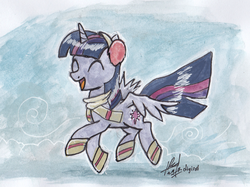 Size: 1376x1028 | Tagged: safe, artist:digiral, twilight sparkle, alicorn, pony, g4, clothes, earmuffs, eyes closed, female, mare, scarf, solo, traditional art, twilight sparkle (alicorn)