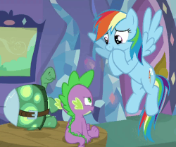 Size: 718x596 | Tagged: safe, screencap, rainbow dash, spike, tank, g4, tanks for the memories, animated, cute, dashabetes, girly, scrunchy face, spike's room