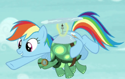 Size: 1343x852 | Tagged: safe, screencap, rainbow dash, tank, g4, tanks for the memories, animated, cute, flying, open mouth, pointing, smiling, talking