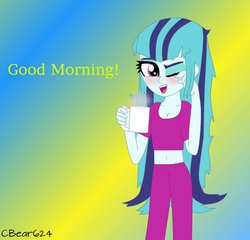 Size: 600x575 | Tagged: dead source, safe, artist:cbear624, sonata dusk, equestria girls, g4, alternate hairstyle, belly button, cleavage, clothes, cup, dialogue, female, loose hair, messy hair, midriff, morning after, pajamas, solo