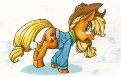 Size: 1056x675 | Tagged: safe, artist:theorderofalisikus, applejack, earth pony, pony, g4, tanks for the memories, applebutt, butt, clothes, female, jacket, looking back, mare, plot, smiling, snow, snowball, solo, traditional art, underhoof