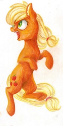 Size: 471x943 | Tagged: safe, artist:theorderofalisikus, applejack, g4, chest fluff, ear fluff, female, hatless, missing accessory, smiling, solo, traditional art