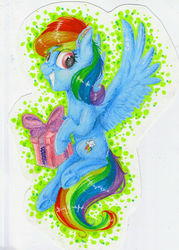 Size: 873x1217 | Tagged: safe, artist:theorderofalisikus, rainbow dash, g4, ear fluff, female, grin, present, russian, solo, spread wings, traditional art, translated in the comments, underhoof
