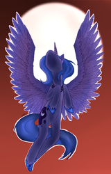 Size: 600x936 | Tagged: safe, artist:carlathecatgonzales, artist:weresquirrel94, princess luna, g4, anatomically incorrect, female, flying, incorrect leg anatomy, looking up, low angle, moon, s1 luna, solo, spread wings